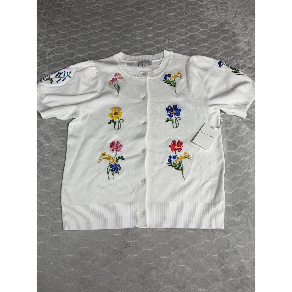 Free Assembly Womens White Short Sleeve Cardigan Embroidered Floral Large 12-14